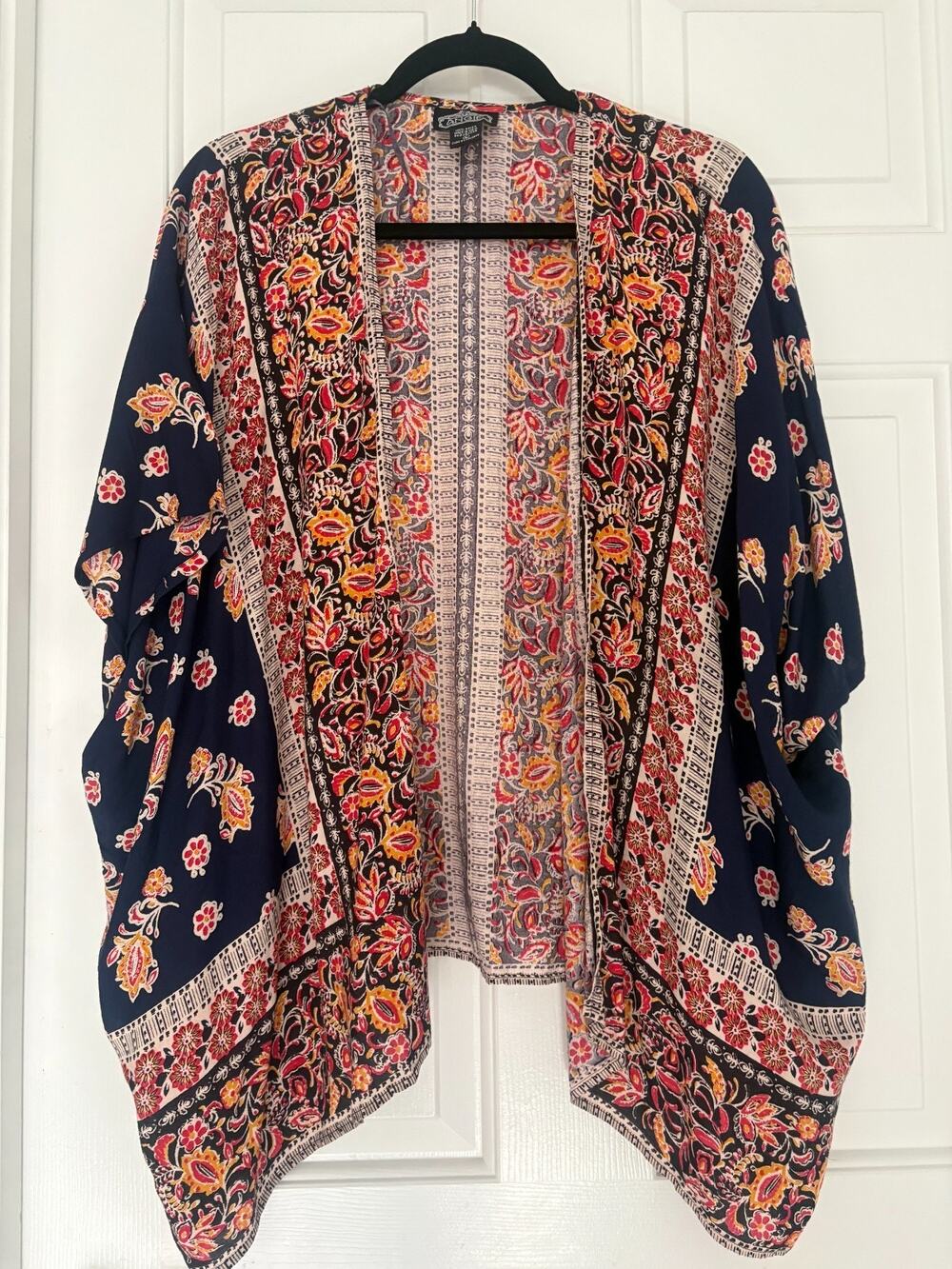 Angie Womens Kimono Floral Paisley Navy Blue Open Front Boho Size L 8-14